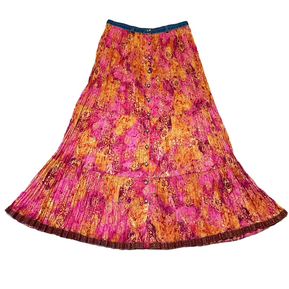 Vintage 90s Denim Floral Tiered Broomstick Maxi Cotton Pink Orange Women's Skirt